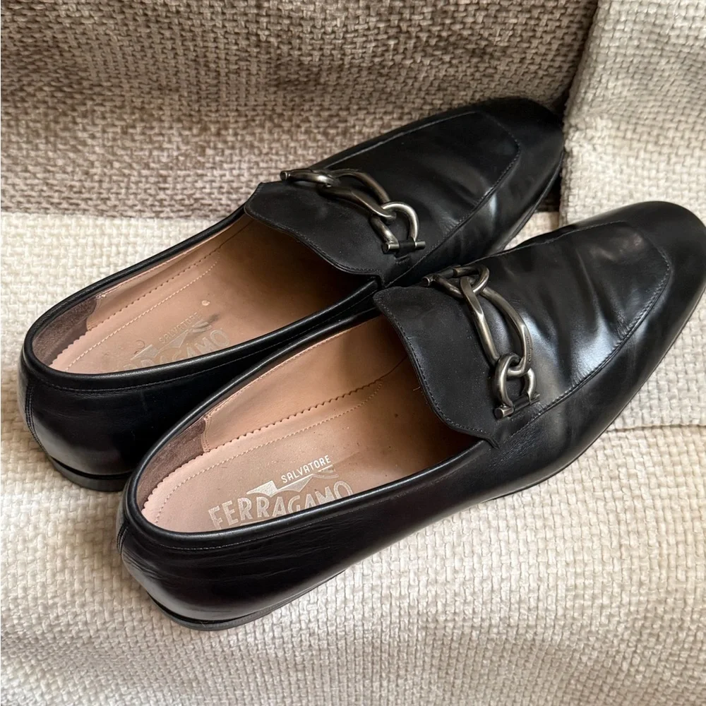 Salvatore Ferragamo Black Leather Horsebit Slip-On Loafers